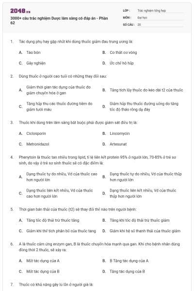 3000+ câu trắc nghiệm Dược lâm sàng có đáp án - Phần 62