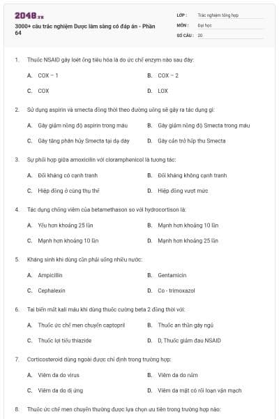 3000+ câu trắc nghiệm Dược lâm sàng có đáp án - Phần 64