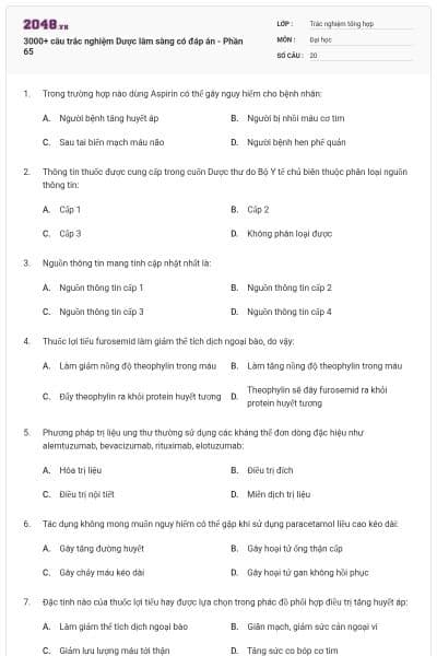 3000+ câu trắc nghiệm Dược lâm sàng có đáp án - Phần 65