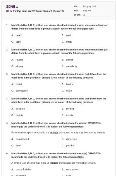 Đề thi thử thpt quốc gia 2019 môn tiếng anh (Đề số 12)