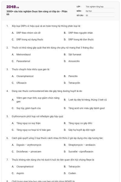 3000+ câu trắc nghiệm Dược lâm sàng có đáp án - Phần 66