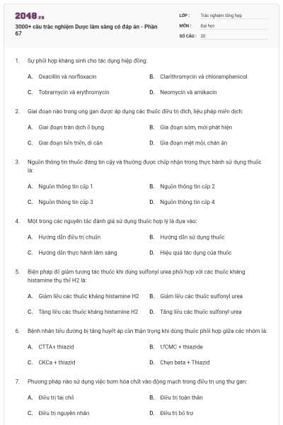 3000+ câu trắc nghiệm Dược lâm sàng có đáp án - Phần 67