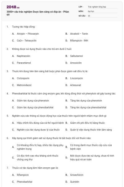 3000+ câu trắc nghiệm Dược lâm sàng có đáp án - Phần 69