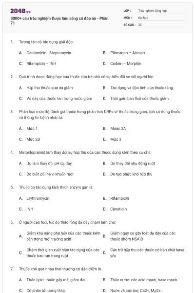 3000+ câu trắc nghiệm Dược lâm sàng có đáp án - Phần 71