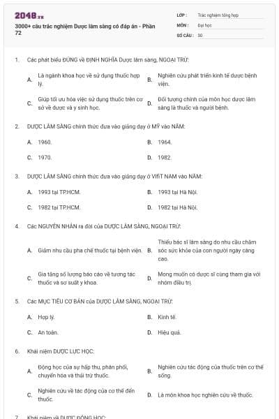 3000+ câu trắc nghiệm Dược lâm sàng có đáp án - Phần 72