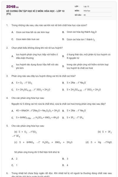 ĐỀ CƯƠNG ÔN TẬP HỌC KÌ 2 MÔN: HÓA HỌC - LỚP 10 (P3)