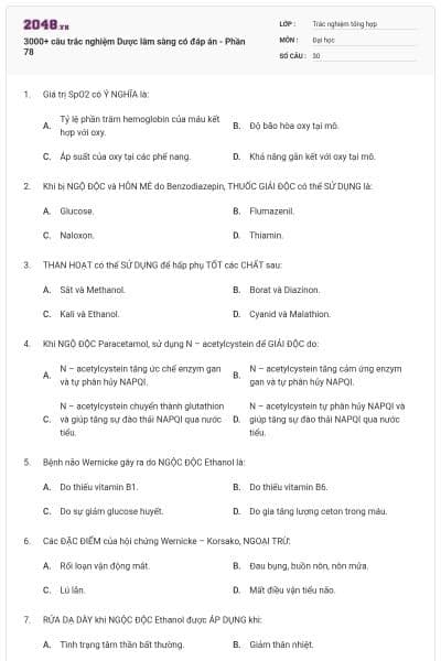 3000+ câu trắc nghiệm Dược lâm sàng có đáp án - Phần 78