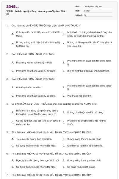 3000+ câu trắc nghiệm Dược lâm sàng có đáp án - Phần 82
