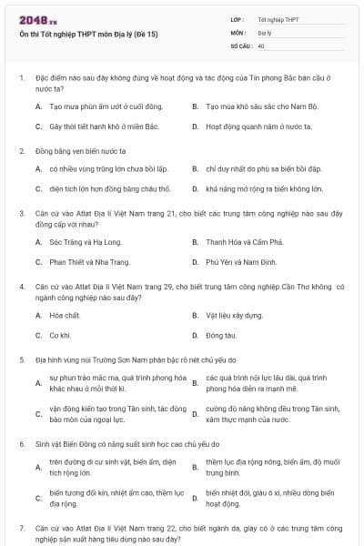 Ôn thi Tốt nghiệp THPT môn Địa lý (Đề 15)