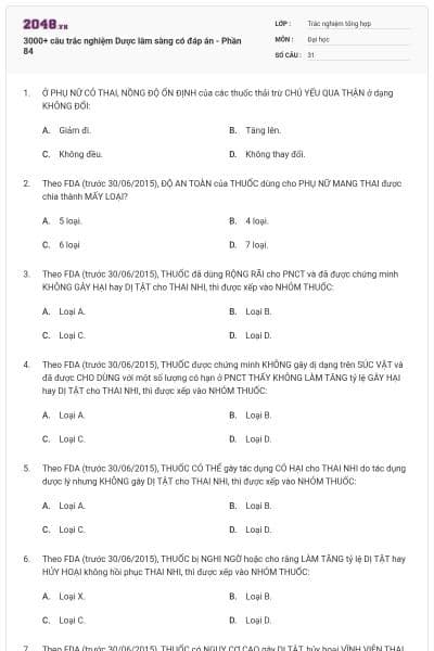 3000+ câu trắc nghiệm Dược lâm sàng có đáp án - Phần 84