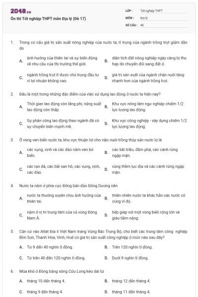 Ôn thi Tốt nghiệp THPT môn Địa lý (Đề 17)