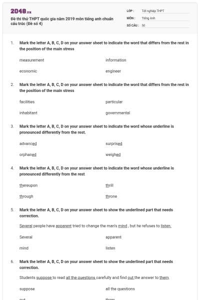 Đề thi thử THPT quốc gia năm 2019 môn tiếng anh chuẩn cấu trúc (Đề số 4)