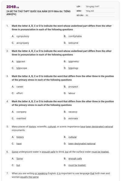 24 ĐỀ THI THỬ THPT QUỐC GIA NĂM 2019 Môn thi: TIẾNG ANH(P4)