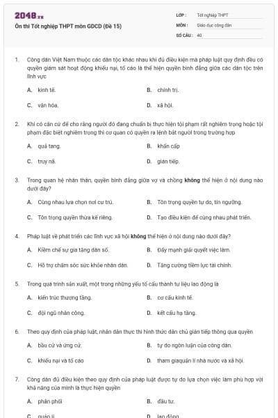 Ôn thi Tốt nghiệp THPT môn GDCD (Đề 15)