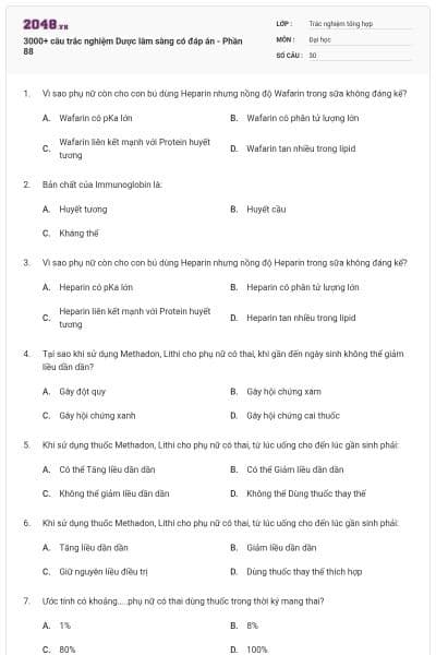3000+ câu trắc nghiệm Dược lâm sàng có đáp án - Phần 88