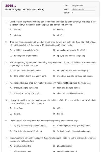 Ôn thi Tốt nghiệp THPT môn GDCD (Đề 16)