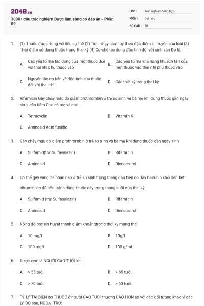 3000+ câu trắc nghiệm Dược lâm sàng có đáp án - Phần 89