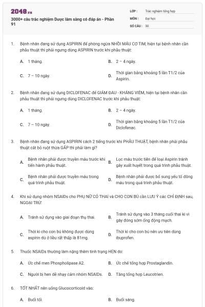 3000+ câu trắc nghiệm Dược lâm sàng có đáp án - Phần 91