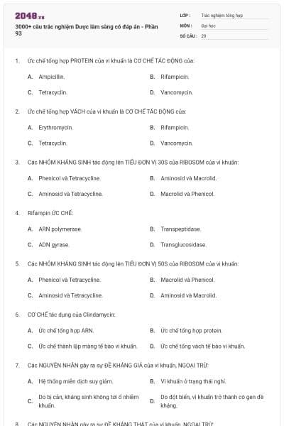 3000+ câu trắc nghiệm Dược lâm sàng có đáp án - Phần 93