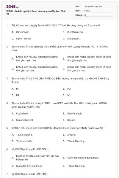 3000+ câu trắc nghiệm Dược lâm sàng có đáp án - Phần 94