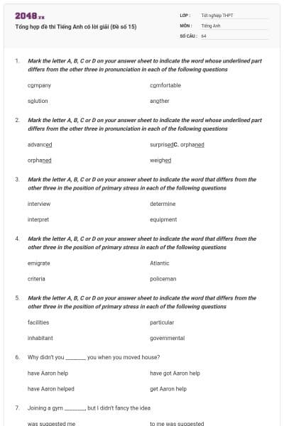 Tổng hợp đề thi Tiếng Anh có lời giải (Đề số 15)