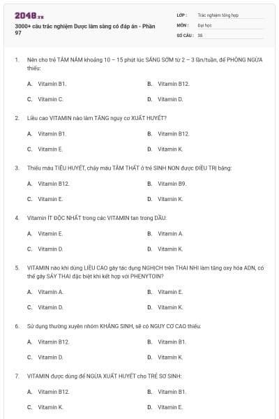 3000+ câu trắc nghiệm Dược lâm sàng có đáp án - Phần 97