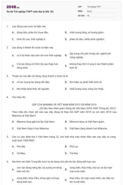 Ôn thi Tốt nghiệp THPT môn Địa lý (Đề 18)