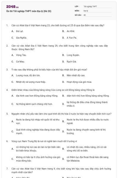 Ôn thi Tốt nghiệp THPT môn Địa lý (Đề 20)