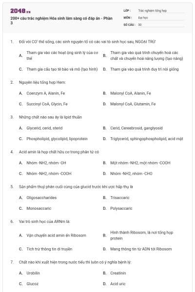 200+ câu trắc nghiệm Hóa sinh lâm sàng có đáp án - Phần 3