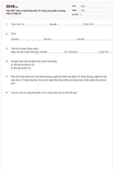 Giải VBT Toán 4 Cánh Diều Bài 73: Cộng các phân số cùng mẫu có đáp án