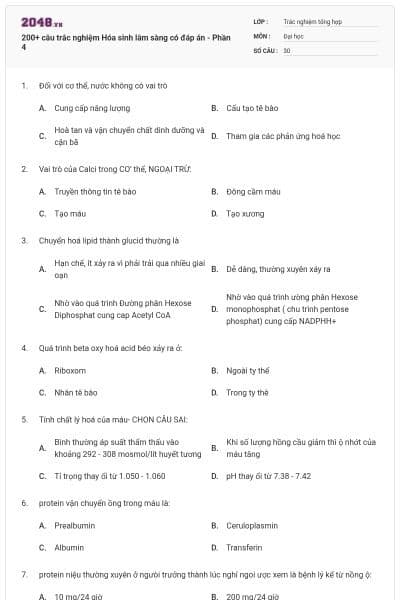 200+ câu trắc nghiệm Hóa sinh lâm sàng có đáp án - Phần 4
