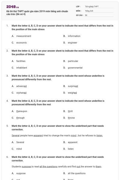 Đề thi thử THPT quốc gia năm 2019 môn tiếng anh chuẩn cấu trúc (Đề số 4)