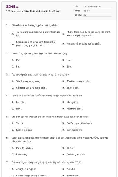 100+ câu trắc nghiệm Thần kinh có đáp án - Phần 1