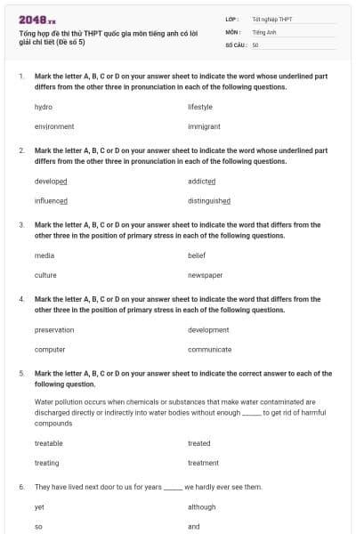 Tổng hợp đề thi thử THPT quốc gia môn tiếng anh có lời giải chi tiết (Đề số 5)