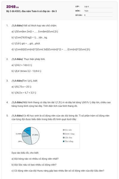 Bộ 3 đề KSCL đầu năm Toán 6 có đáp án - Đề 3