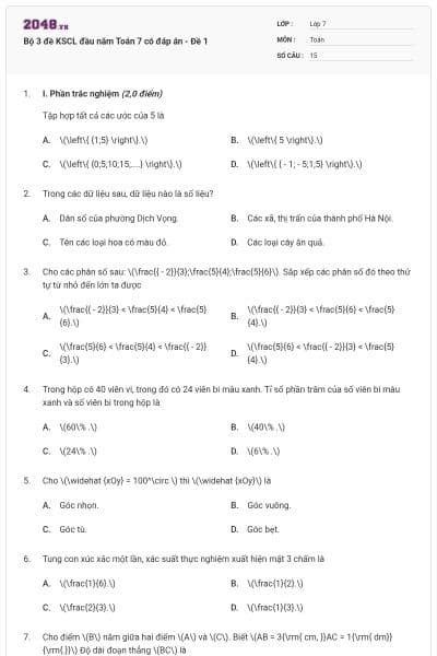 Bộ 3 đề KSCL đầu năm Toán 7 có đáp án - Đề 1