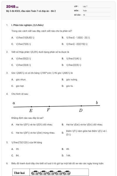 Bộ 3 đề KSCL đầu năm Toán 7 có đáp án - Đề 2