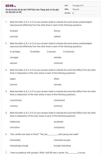 30 đề thi thử đề thi thử THPTQG môn Tiếng Anh có lời giải chi tiết (Đề số 28)
