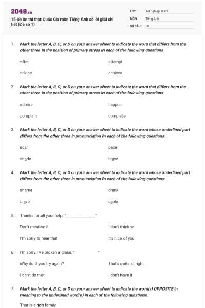 15 Đề ôn thi thpt Quốc Gia môn Tiếng Anh có lời giải chi tiết (Đề số 1)