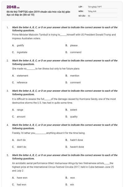 Đề thi thử THPTQG năm 2019 chuẩn cấu trúc của bộ giáo dục có đáp án (Đề số 10)