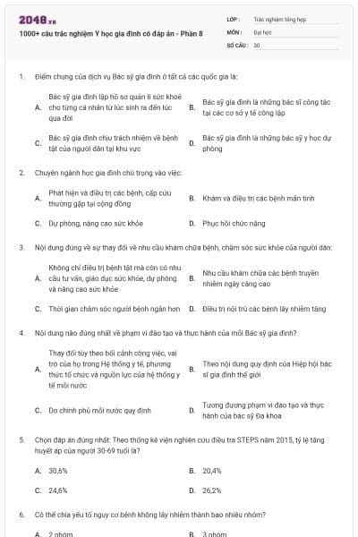 1000+ câu trắc nghiệm Y học gia đình có đáp án - Phần 8