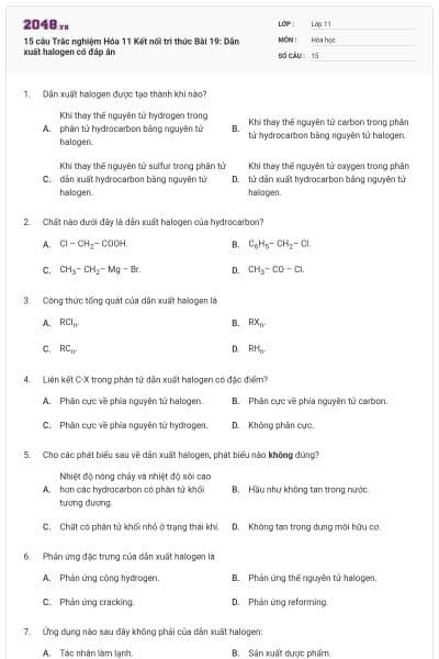 15 câu Trắc nghiệm Hóa 11 Kết nối tri thức Bài 19: Dẫn xuất halogen có đáp án