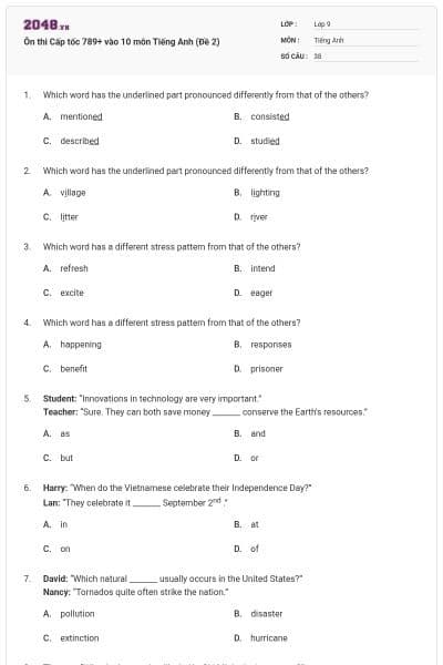 Ôn thi Cấp tốc 789+ vào 10 môn Tiếng Anh (Đề 2)