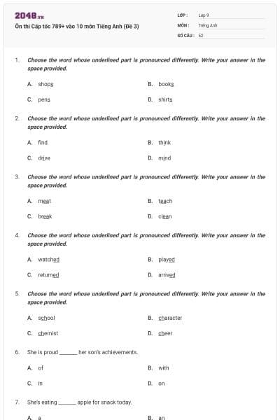 Ôn thi Cấp tốc 789+ vào 10 môn Tiếng Anh (Đề 3)