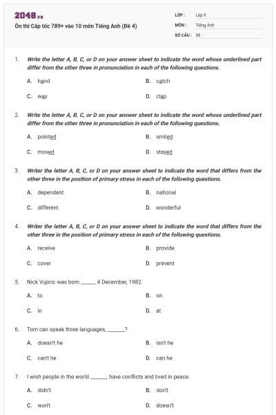 Ôn thi Cấp tốc 789+ vào 10 môn Tiếng Anh (Đề 4)