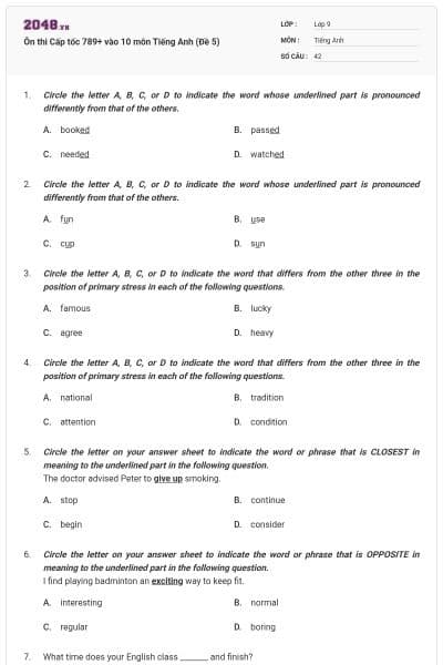 Ôn thi Cấp tốc 789+ vào 10 môn Tiếng Anh (Đề 5)