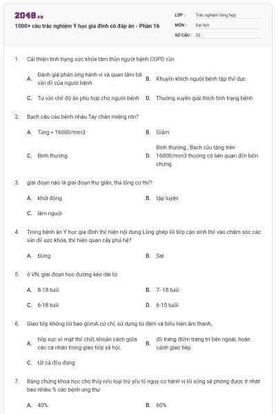 1000+ câu trắc nghiệm Y học gia đình có đáp án - Phần 16