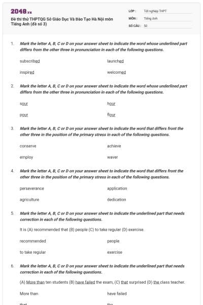 Đề thi thử THPTQG Sở Giáo Dục Và Đào Tạo Hà Nội môn Tiếng Anh (đề số 3)