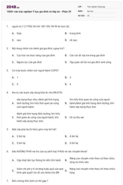 1000+ câu trắc nghiệm Y học gia đình có đáp án - Phần 29