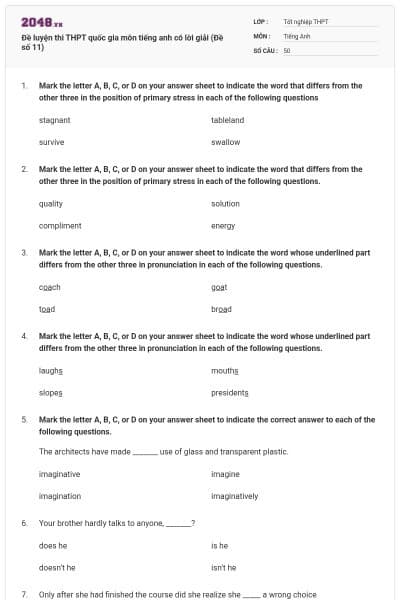 Đề luyện thi THPT quốc gia môn tiếng anh có lời giải (Đề số 11)